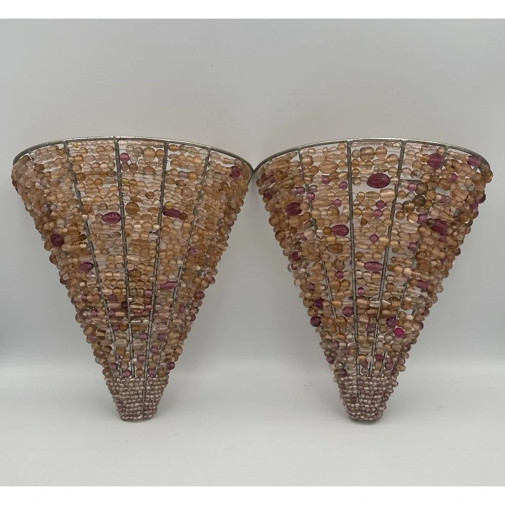 Glass Beaded Wall Sconce Candle Holders Set Of 2 MCM Boho Hollywood Regency NWT